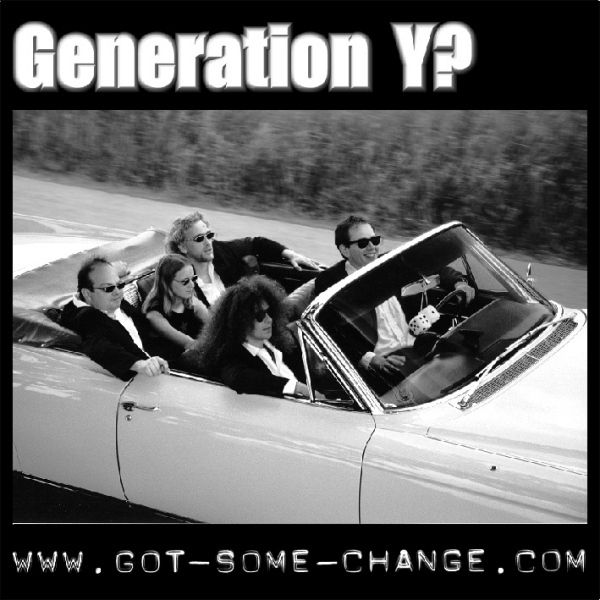 CD-Cover mit Bandmitgliedern im Chevy Cabriolet